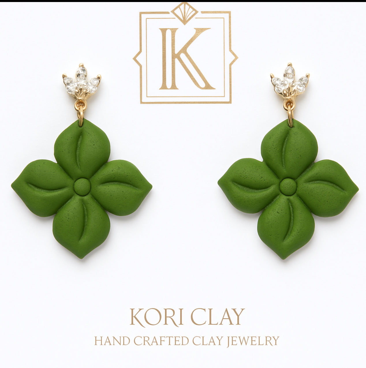 Forest Green Flower Floral Polymer Clay Earrings with Crystal Studs, Lightweight, Gift for Her