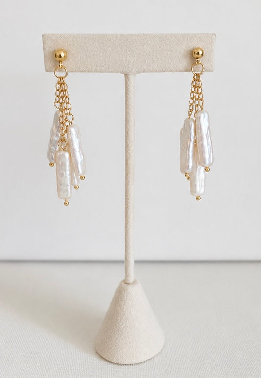 Lyra Freshwater Biwa Pearl Stick Gold Filled Cascading Drop Earrings