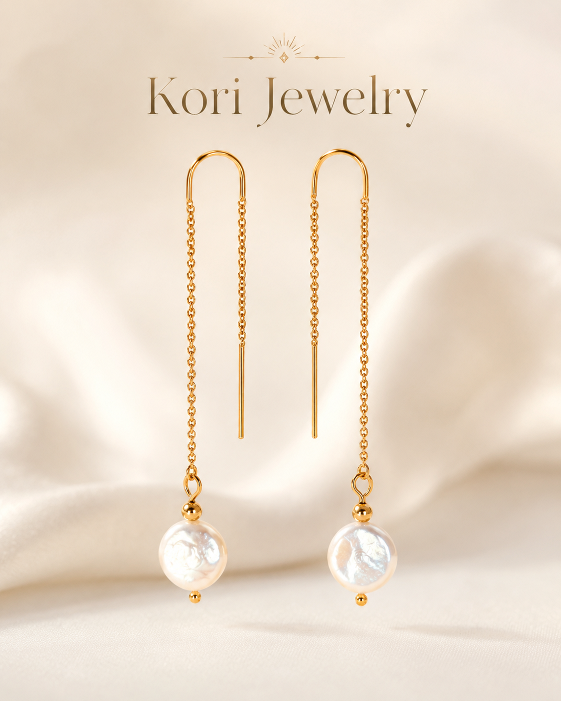 Aria Pearl Gold Filled Threader Earrings, Freshwater Keshi Coin Pearl Earrings