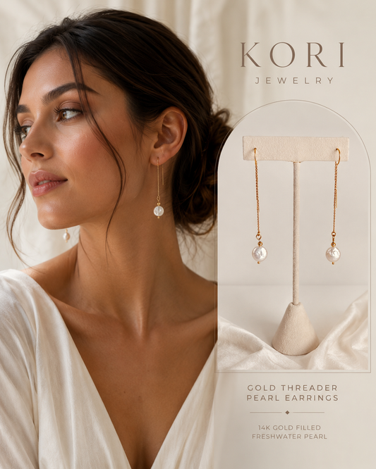 Aria Pearl Gold Filled Threader Earrings, Freshwater Keshi Coin Pearl Earrings