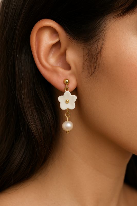 Handcrafted White Flower and Pearl Drop Earrings – Lightweight Polymer Clay Earrings