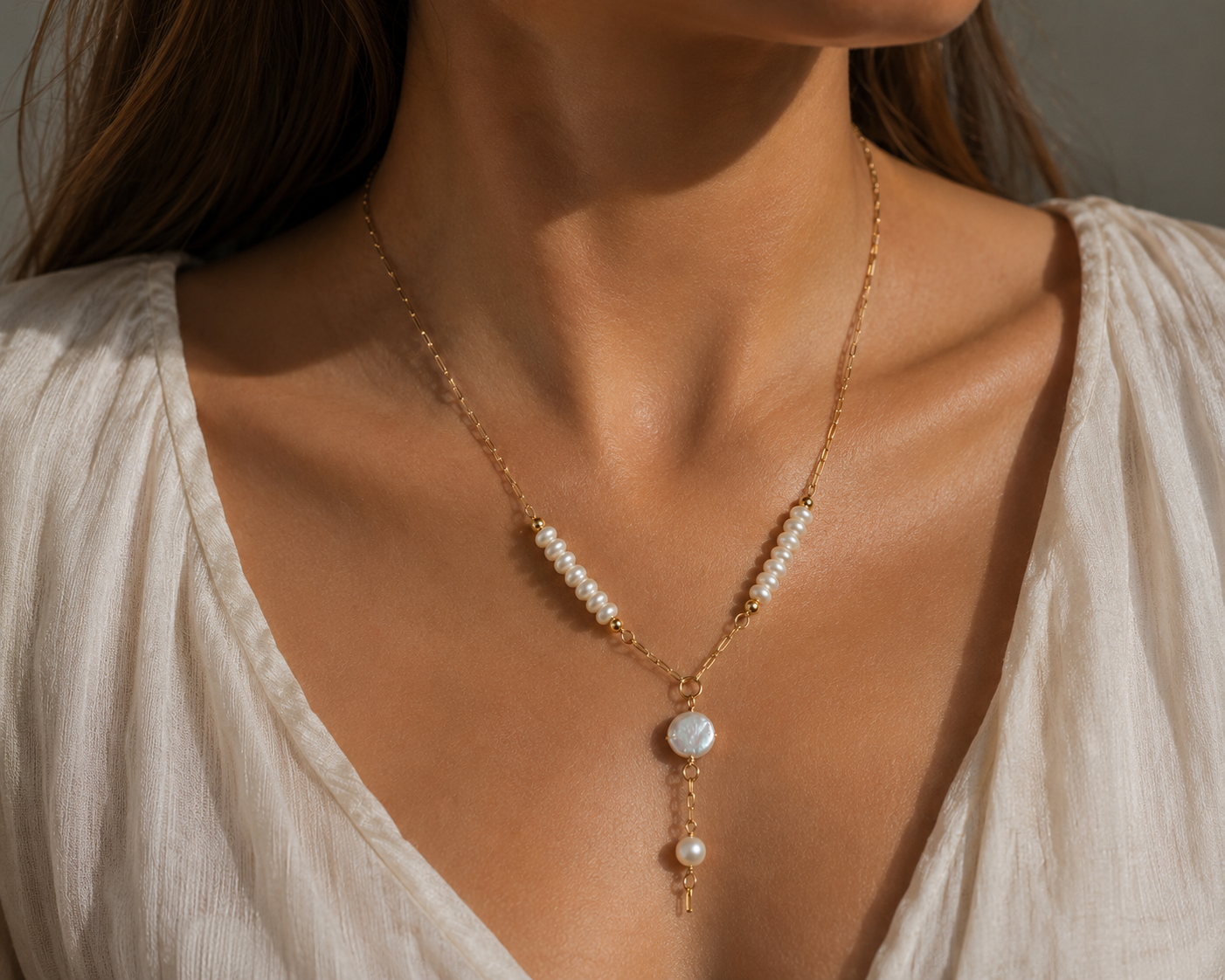 Capri Button Pearl Lariat Necklace, Gold Filled