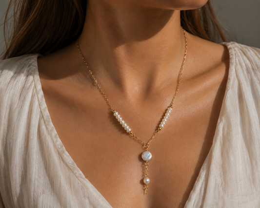 Capri Button Pearl Lariat Necklace, Gold Filled