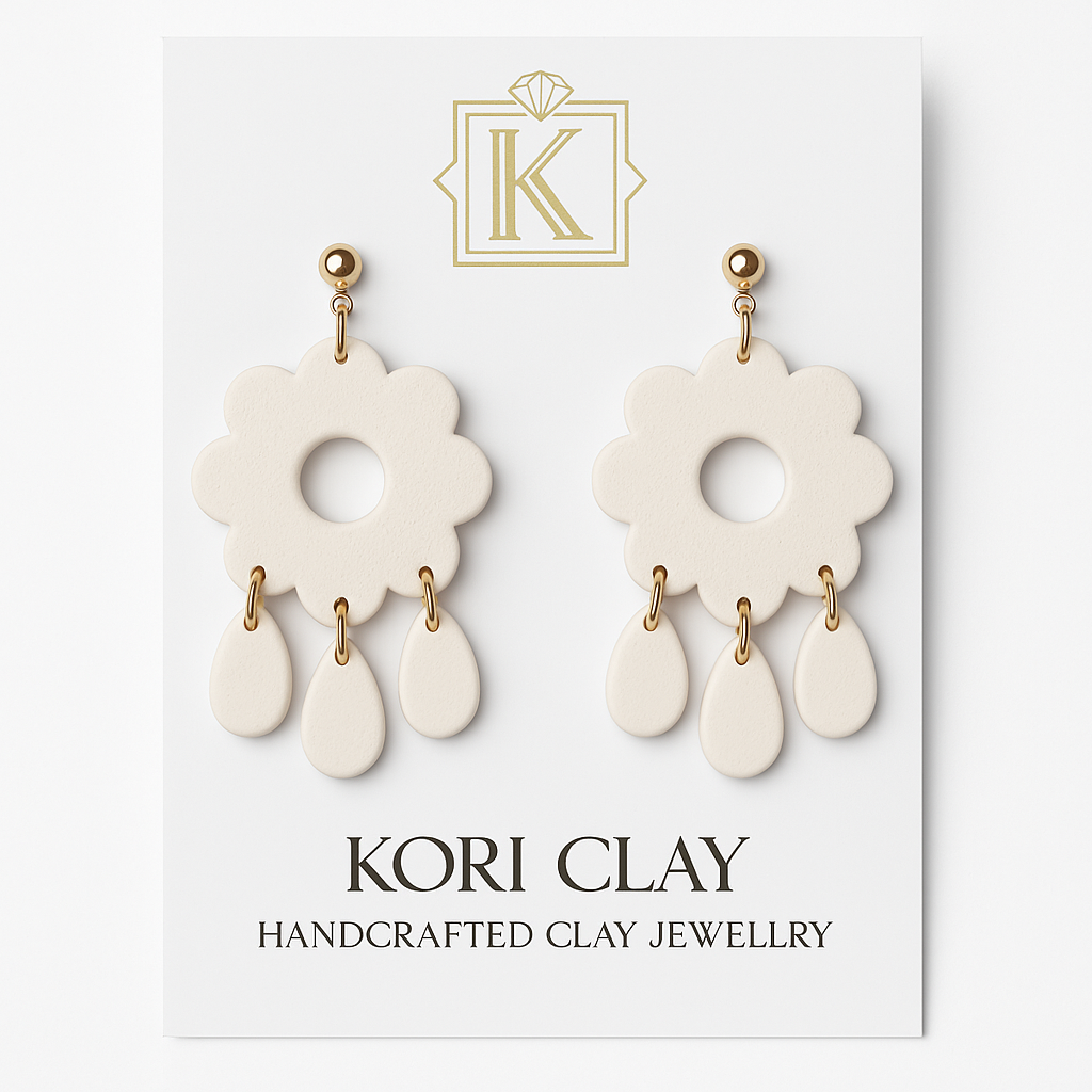 Retro Flower White Teardrop Dangle Polymer Clay Earrings, Lightweight