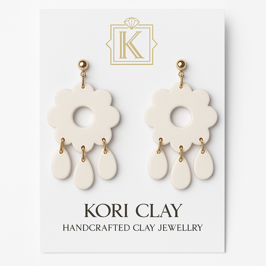 Retro Flower White Teardrop Dangle Polymer Clay Earrings, Lightweight