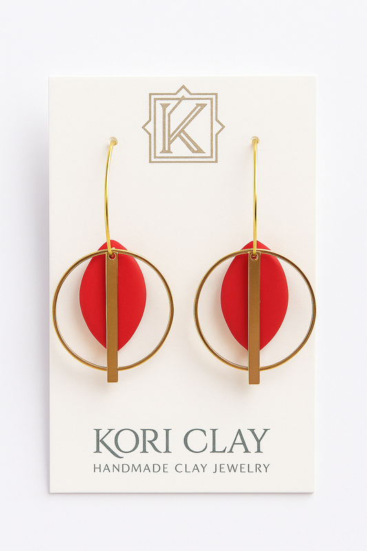 Modern Red & Gold Geometric Clay Earrings