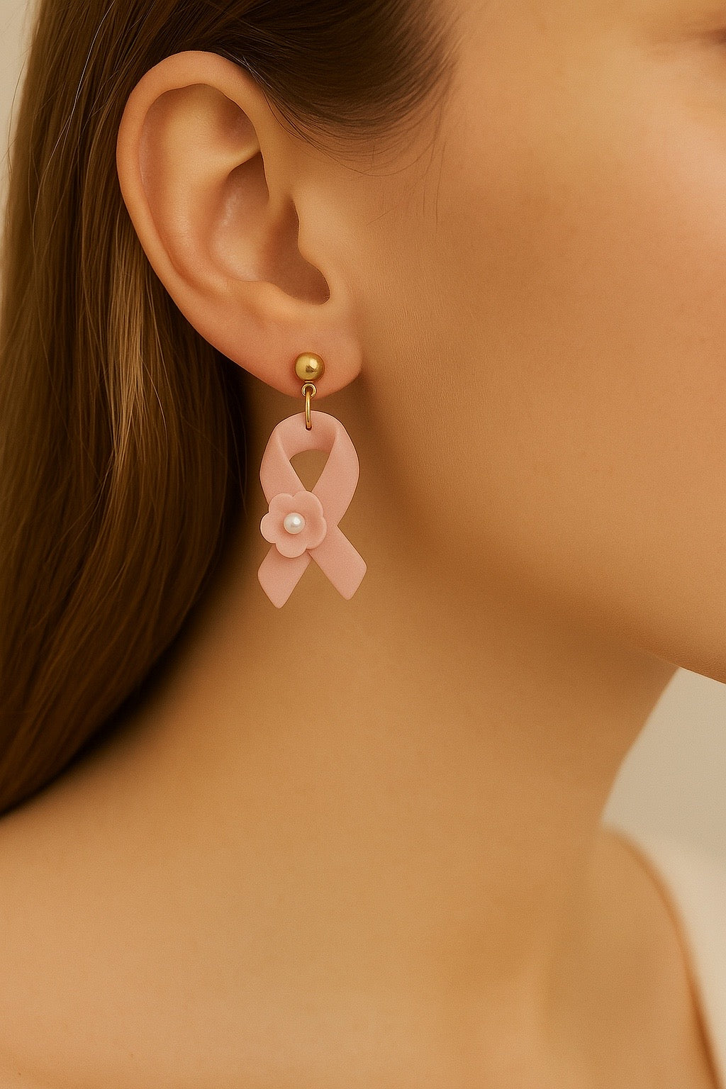 Handcrafted Breast Cancer Awareness Ribbon Earrings – Pink Polymer Clay with Pearl Accent