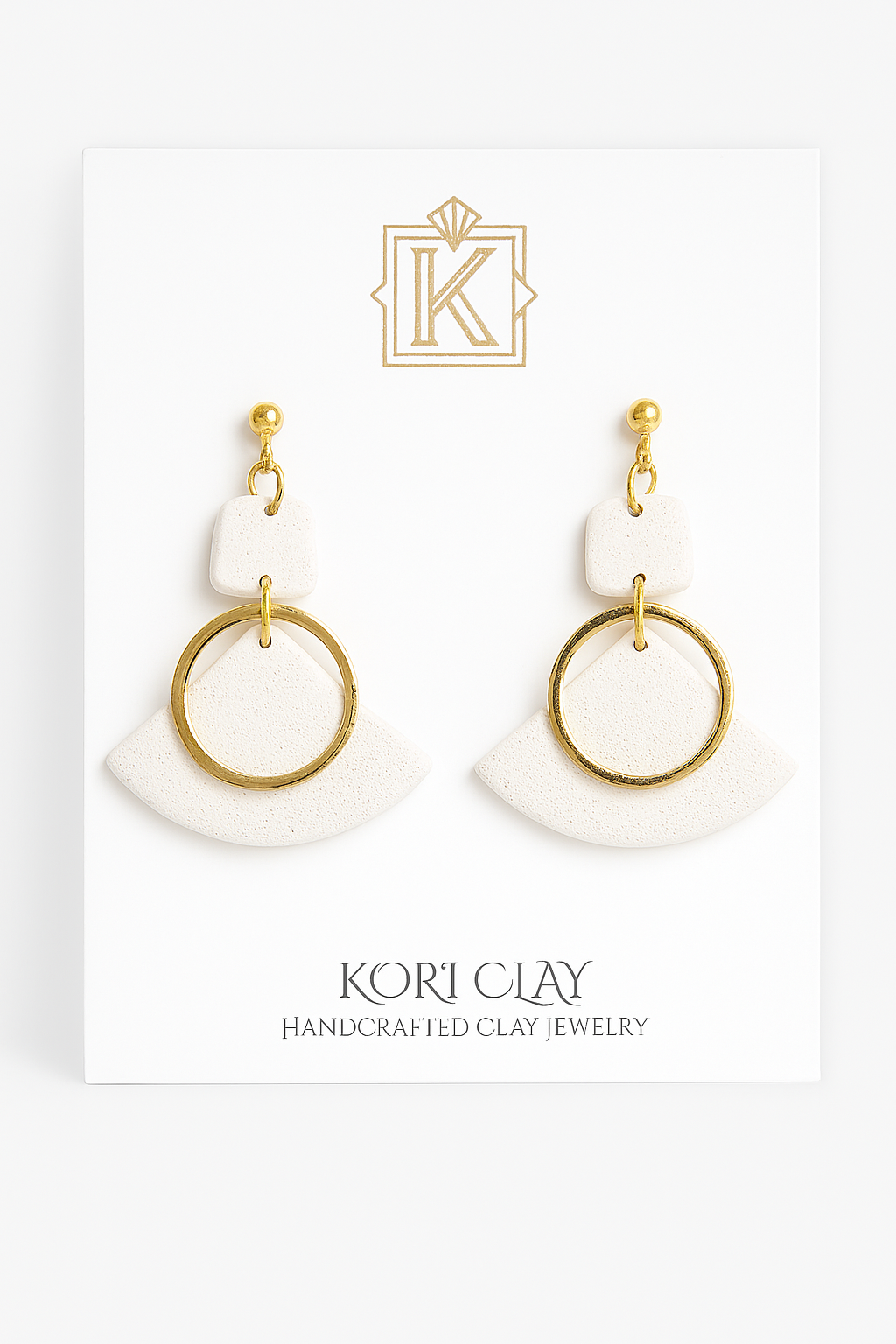 Modern White & Gold Fan Clay Earrings – Handcrafted Statement Jewelry by Kori Clay