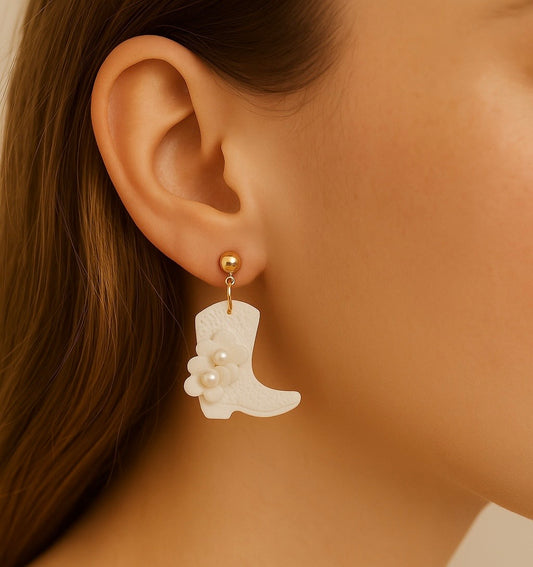 Handcrafted White Cowboy Boot Earrings – Western Clay Jewelry with Pearl &amp; Flower Accents