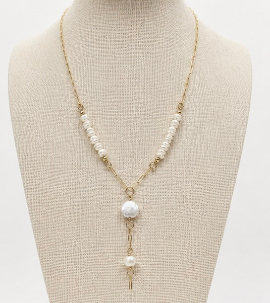 Capri Button Pearl Lariat Necklace, Gold Filled