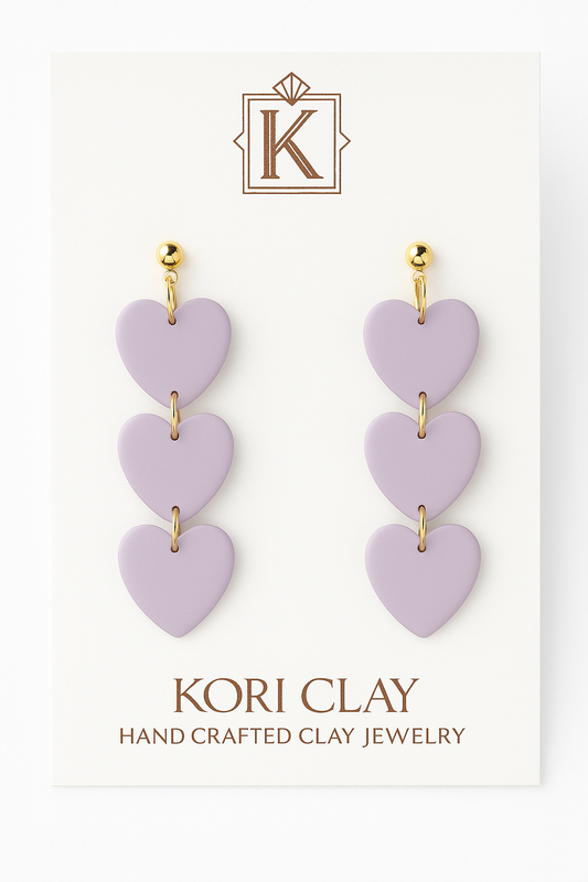 Lavender Triple Heart Polymer Clay Earrings – Handcrafted and Lightweight