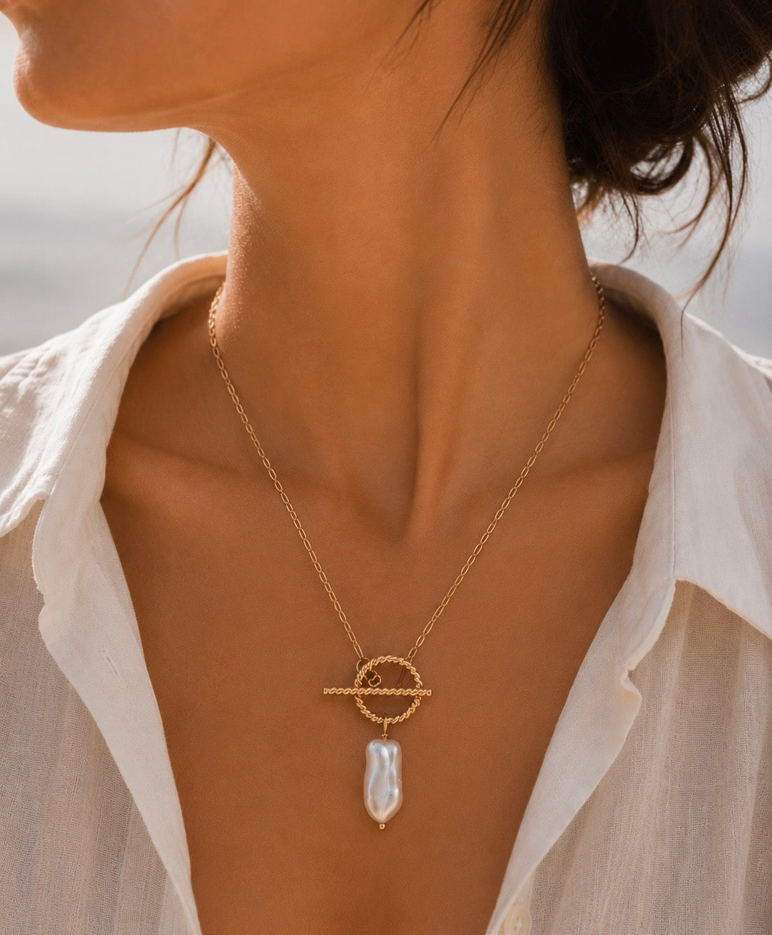 Isla Baroque Pearl Toggle Necklace, Gold Filled Pearl Pendant Necklace, Handmade Pearl Drop Necklace, Minimalist Gold Necklace