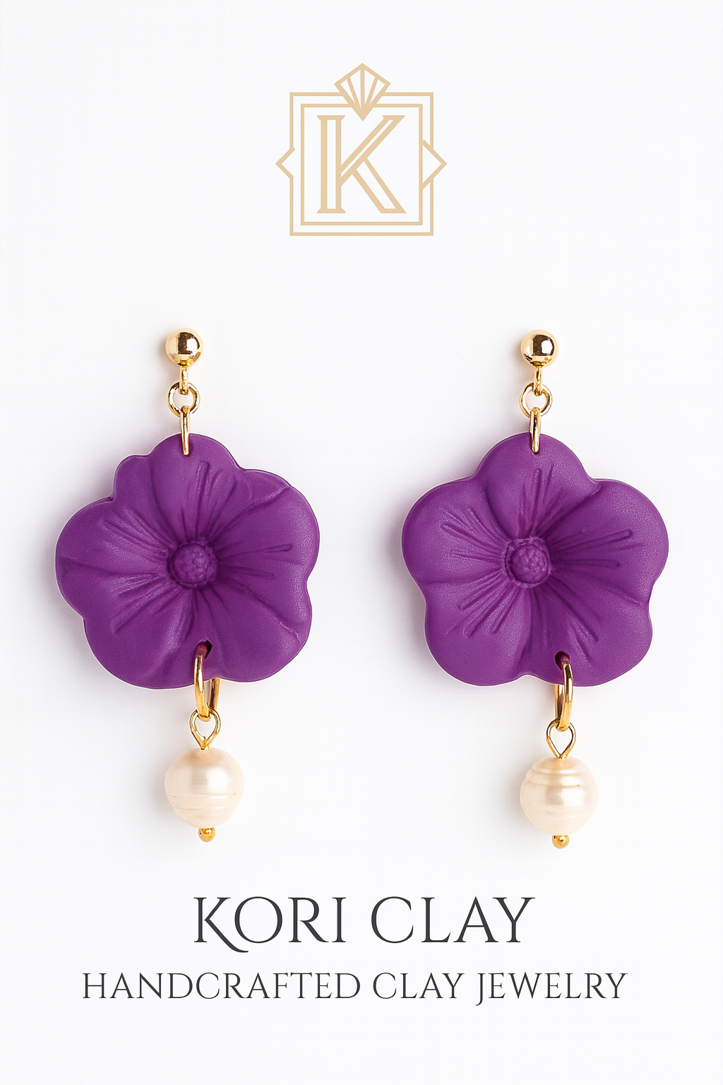 Bold Violet Bloom Earrings – Handcrafted Clay & Fresh Water Pearl Drop