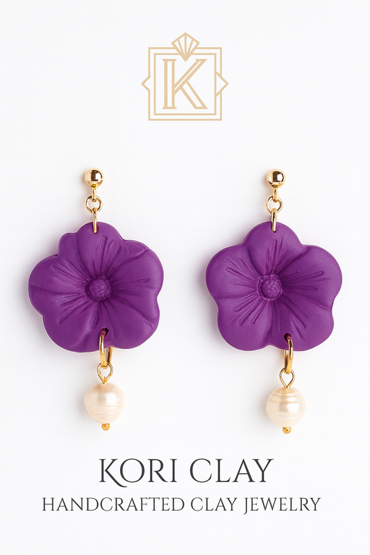 Bold Violet Bloom Earrings – Handcrafted Clay & Fresh Water Pearl Drop