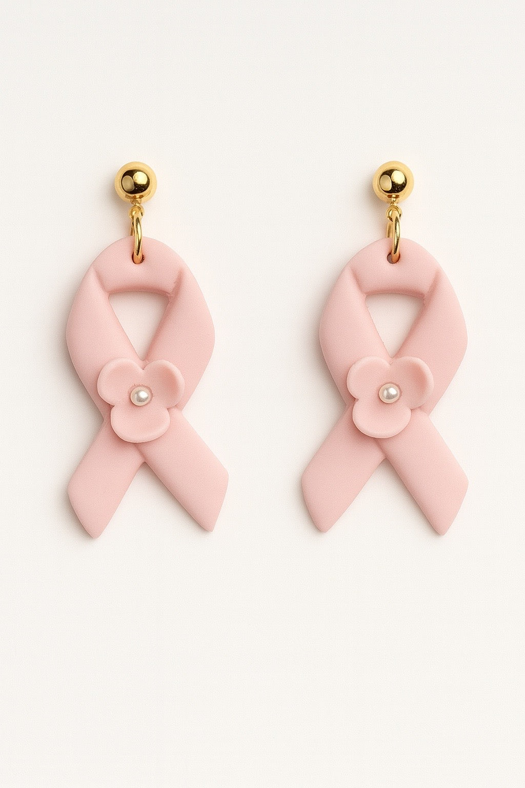 Handcrafted Breast Cancer Awareness Ribbon Earrings – Pink Polymer Clay with Pearl Accent