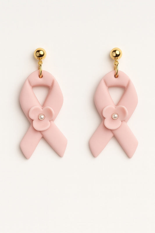 Handcrafted Breast Cancer Awareness Ribbon Earrings – Pink Polymer Clay with Pearl Accent