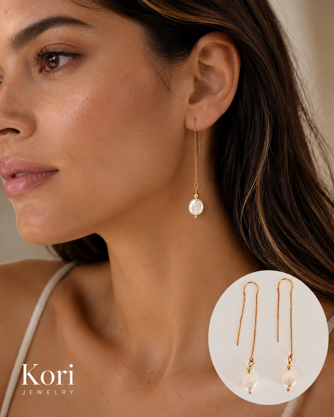 Aria Pearl Gold Filled Threader Earrings, Freshwater Keshi Coin Pearl Earrings