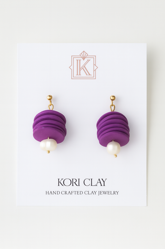 Purple Stack Clay Earrings with Fresh Water Pearl Drops