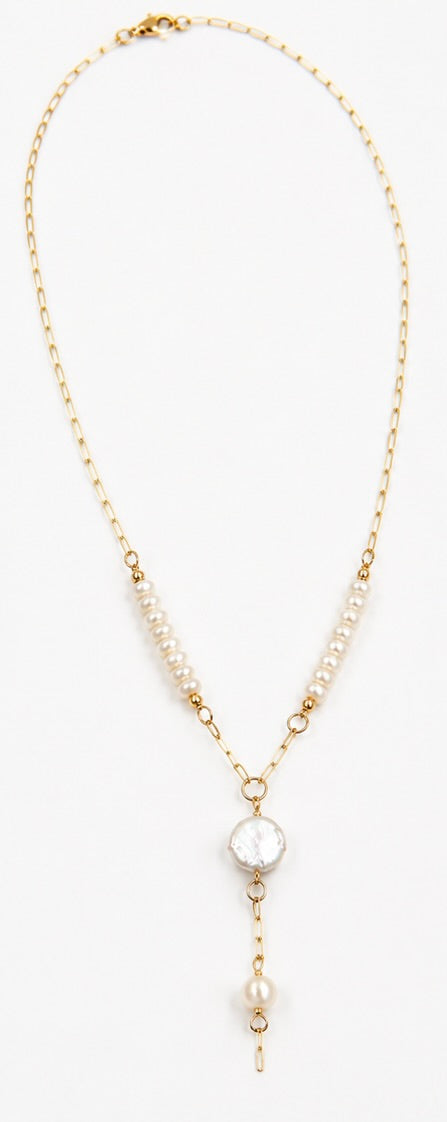 Capri Button Pearl Lariat Necklace, Gold Filled