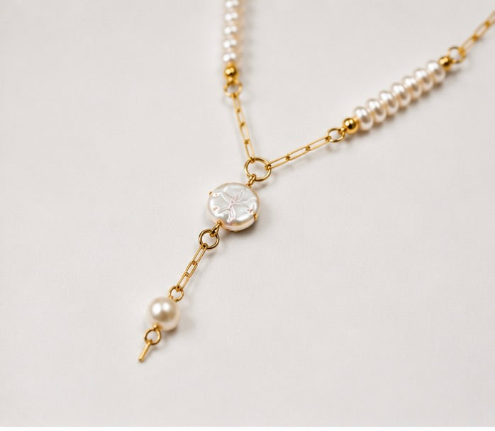 Capri Button Pearl Lariat Necklace, Gold Filled