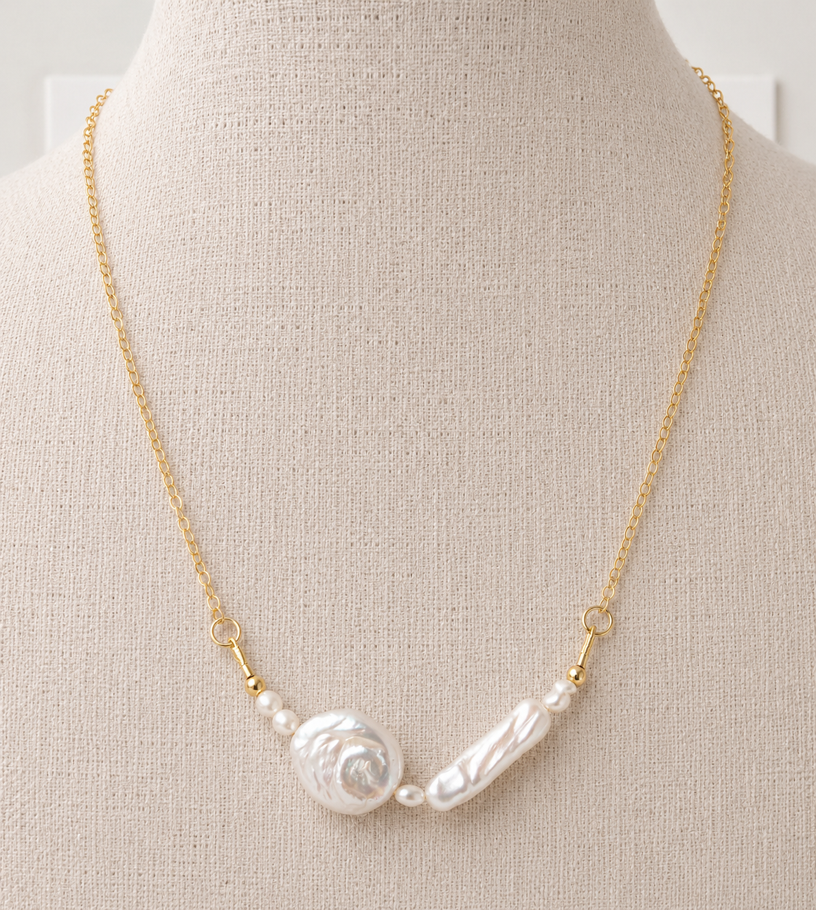 Sheena Pearl Necklace, Freshwater Coin Pearl & Biwa Stick Pearl Necklace, Gold Filled Chain, Handmade Pearl Jewelry |