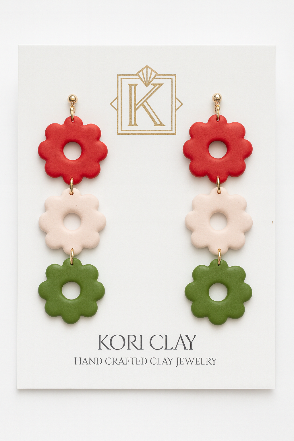 Retro Daisy Colorful Polymer ClayDrop Earrings, Red, Blush & Green, Choose Your Variation, Gift for Her