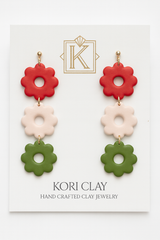 Retro Daisy Colorful Polymer ClayDrop Earrings, Red, Blush & Green, Choose Your Variation, Gift for Her