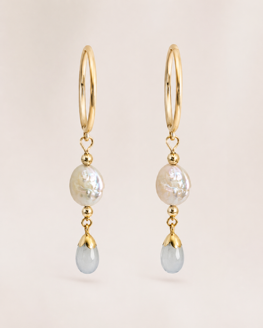 Solara Keshi Coin Pearl Hoop Earrings, Freshwater Pearl, Pale Blue Gemstone Gold Filled Earrings