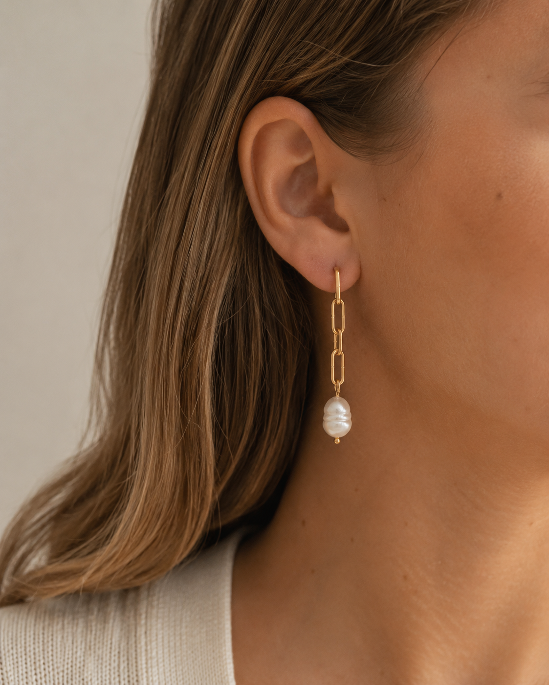 Luci Paperclip Pearl Link Earrings, Gold Filled Freshwater Pearl Drop Earrings, Modern Paperclip Chain Earrings,  Elegant Coastal Jewelry