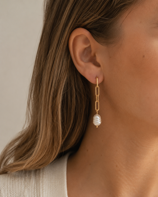Luci Paperclip Pearl Link Earrings, Gold Filled Freshwater Pearl Drop Earrings, Modern Paperclip Chain Earrings,  Elegant Coastal Jewelry