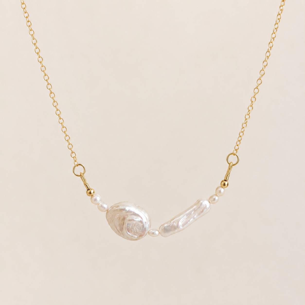 Sheena Pearl Necklace, Freshwater Coin Pearl & Biwa Stick Pearl Necklace, Gold Filled Chain, Handmade Pearl Jewelry |
