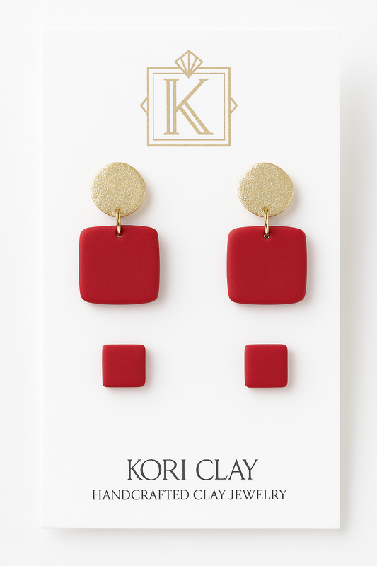 Modern Red & Gold Accents, Square Clay Earrings & Studs, Set of 2, Polymer Clay Lightweight Earrings, Gift For Her