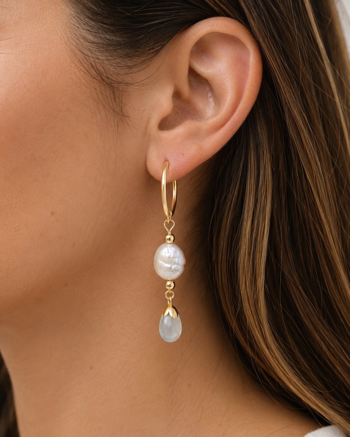 Solara Keshi Coin Pearl Hoop Earrings, Freshwater Pearl, Pale Blue Gemstone Gold Filled Earrings