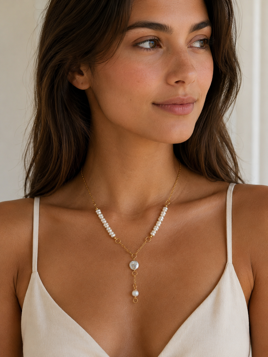 Capri Button Pearl Lariat Necklace, Gold Filled