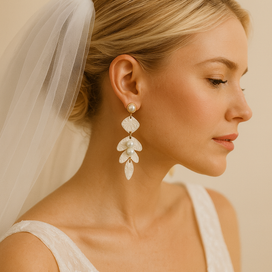 Bridal Fresh Water Pearl Earring Floral Polymer Clay Drop Earrings, Lightweight Earrings, Elegant Wedding Statement Jewelry