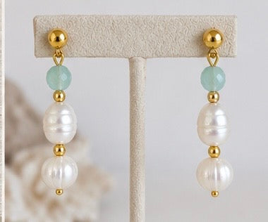 Maris Freshwater Pearl Aqua Bead Gold Filled Earrings
