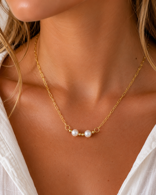 Lumi Freshwater Pearl Paperclip Bar Necklace, Gold Filled