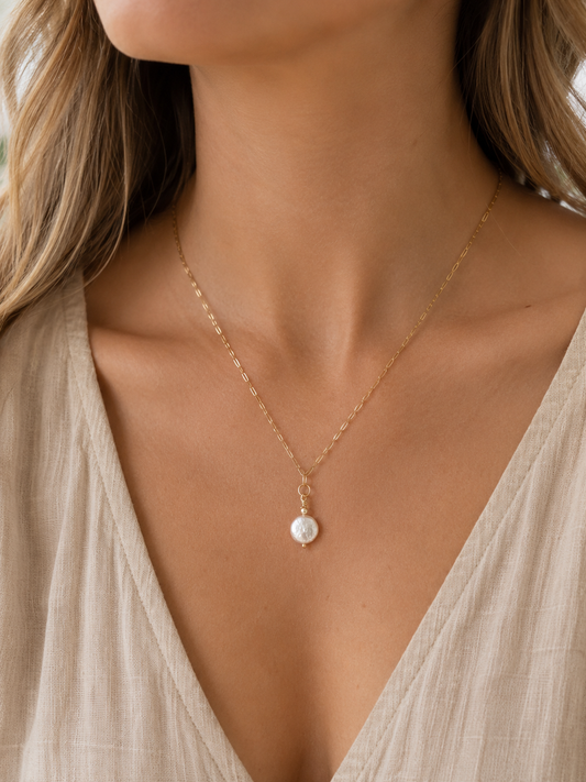 Luna Keshi Freshwater Coin Pearl Necklace, Gold Filled Paperclip Chain Necklace