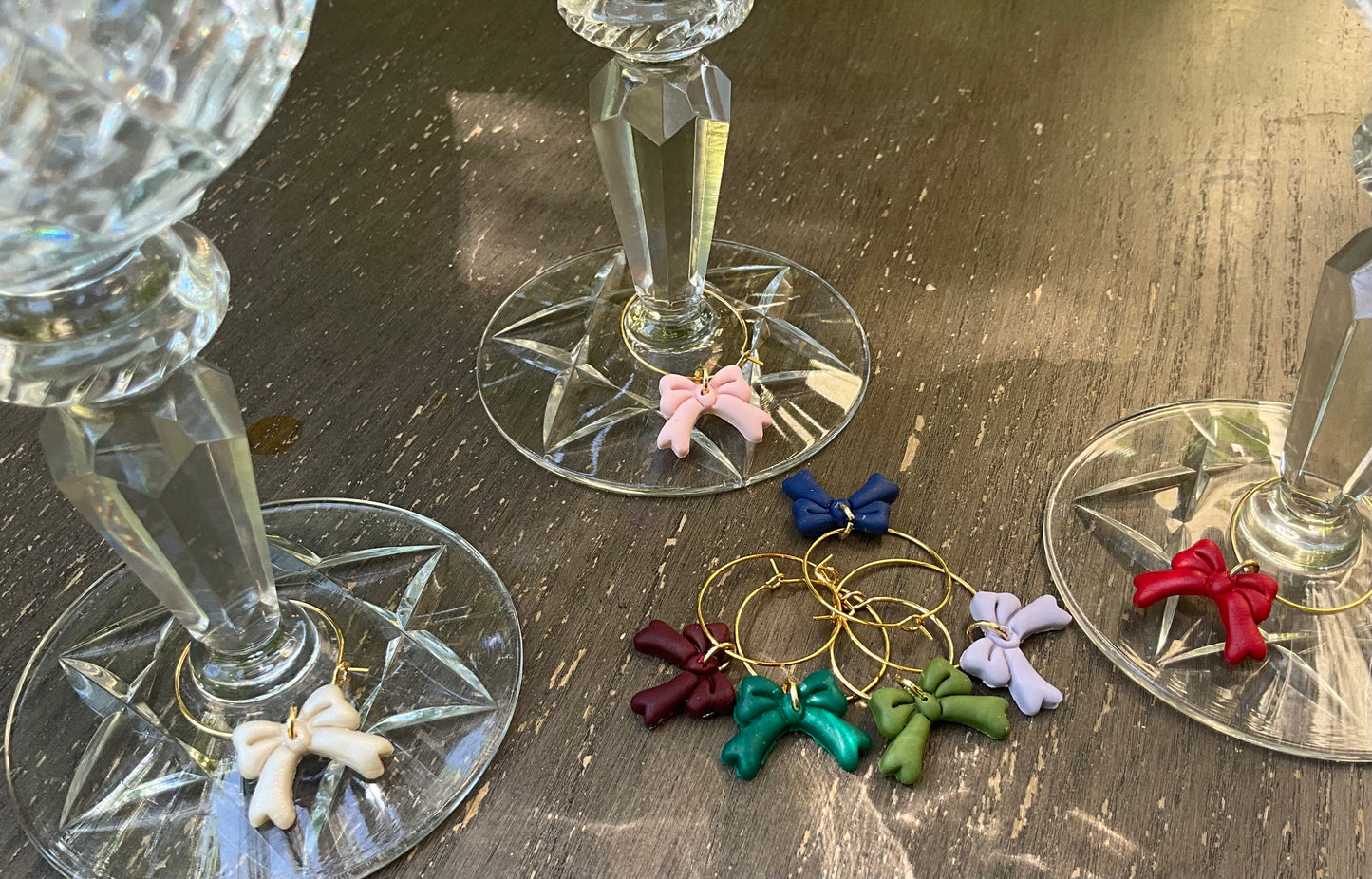 Festive Bow Wine Charms, Handcrafted Wine Charms Set of 8