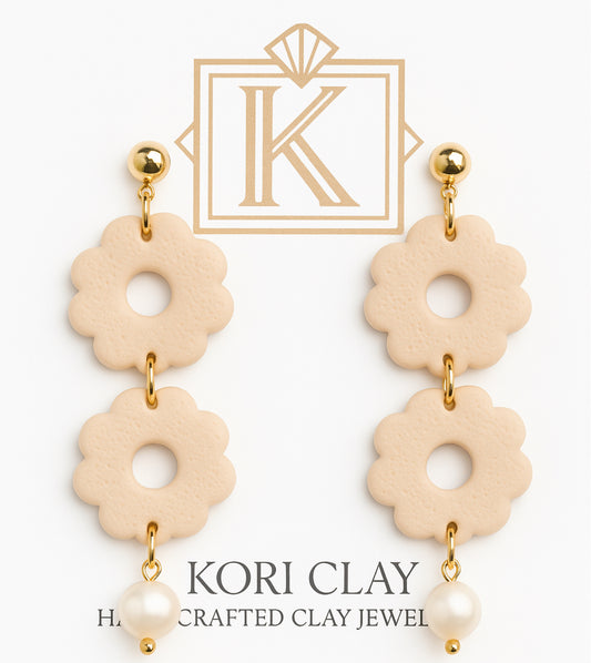 Beige Neutral Floral Flower Polymer Clay Drop Earrings with Fresh Water Pearl Accent. Lightweight Earrings
