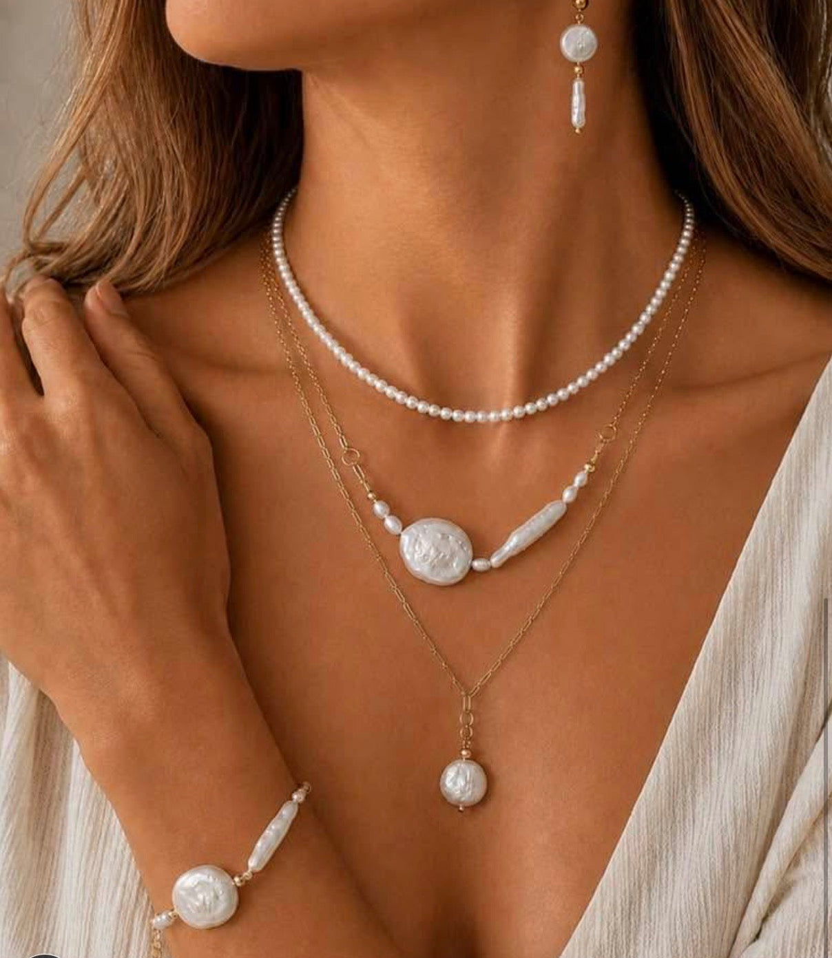Sheena, Selene, Luna Pearl Layering Set, Freshwater Pearl Necklace, Earrings, Bracelet, Stacked Pearl Necklaces