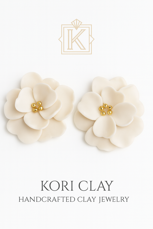 Ivory Bloom Studs – Handcrafted Clay Floral Earrings