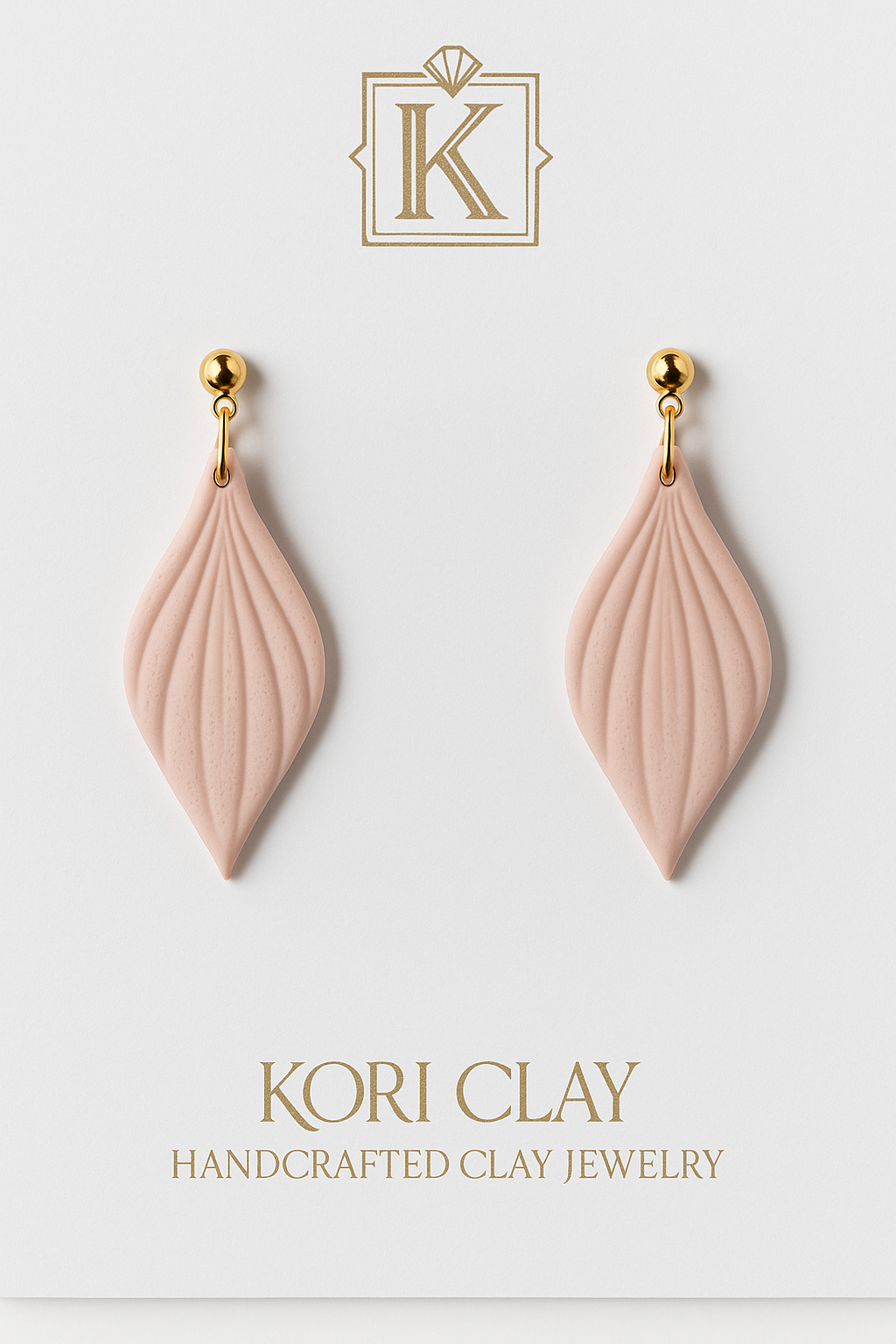 Blush Feather Drop Earrings – Handcrafted Clay Design