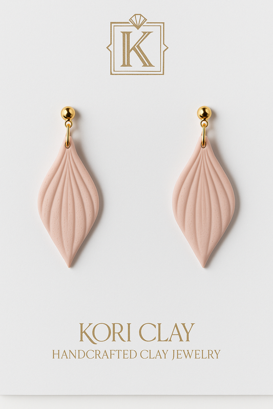 Blush Feather Drop Earrings – Handcrafted Clay Design