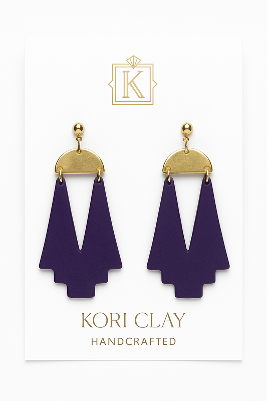 Art Deco Purple Clay Earrings with Gold Accent