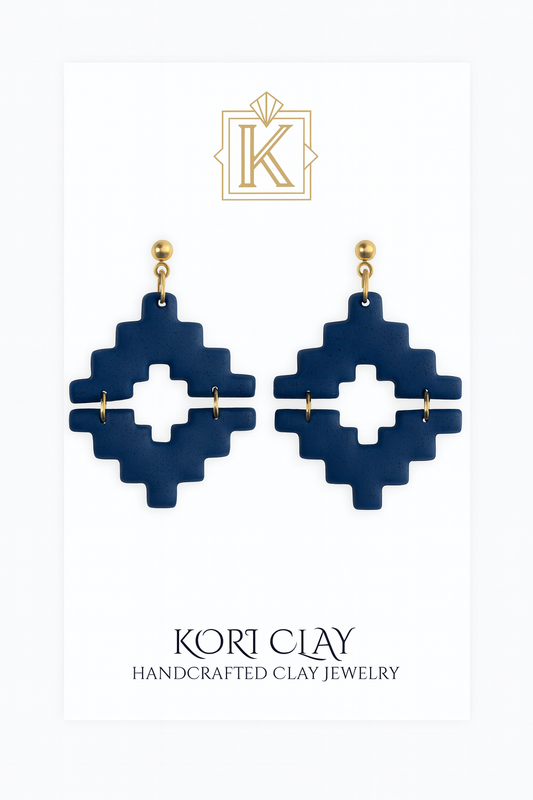 Navy Blue Stepped Polymer Clay Earrings, Lightweight Earrings