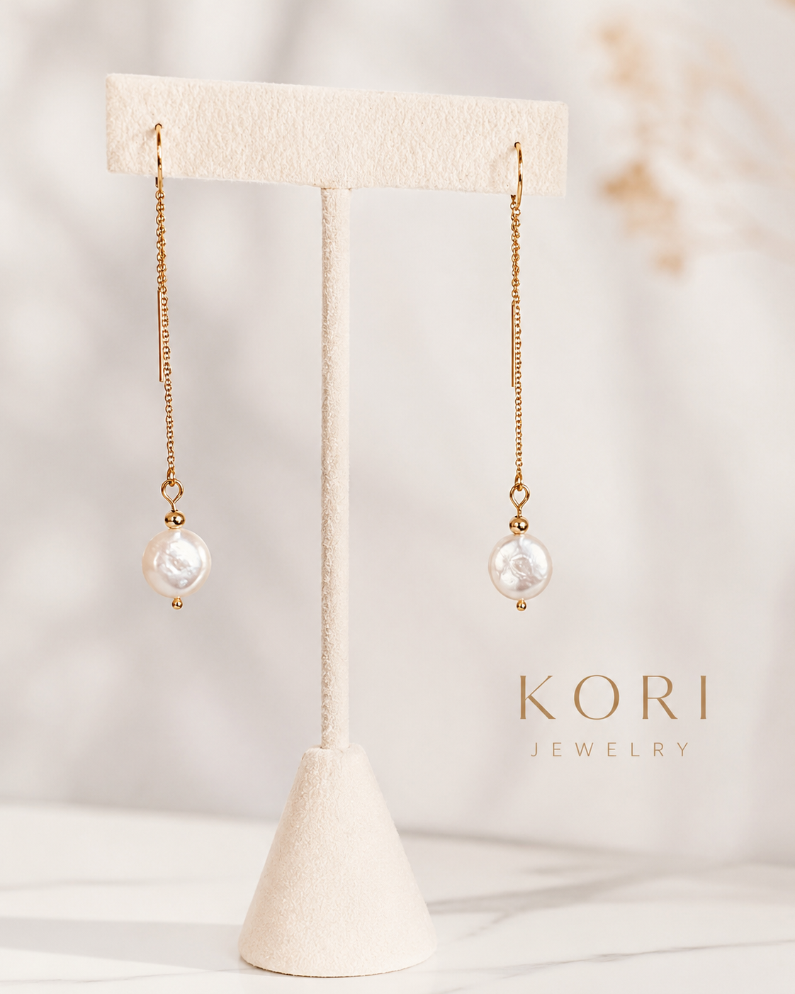 Aria Pearl Gold Filled Threader Earrings, Freshwater Keshi Coin Pearl Earrings