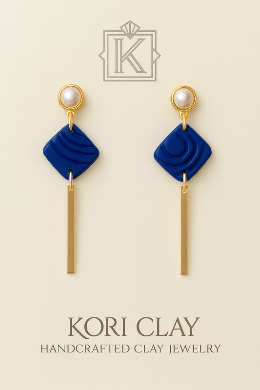 Fall Winter Ultramarine Blue & 18k Gold Plated Pearl Findings Modern Drop Earrings, Lightweight Earrings, Polymer Clay Earrings