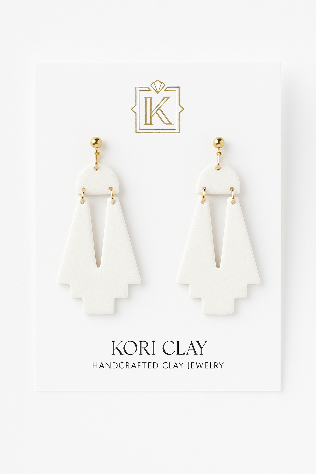 White Art Deco Drop Polymer Clay Earrings – Handcrafted Clay Statement