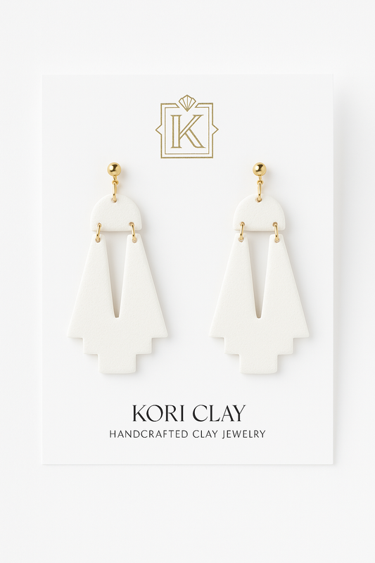 White Art Deco Drop Polymer Clay Earrings – Handcrafted Clay Statement